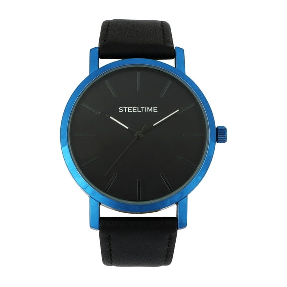 Steeltime Men's Blue Ion Plated Alloy Watch with Stylish Vegan Leather Watch Band