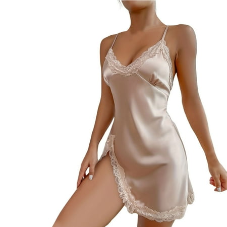 gvdentm Women S Sleepwear Nightgown Satin Lingerie Sleeveless Sleep Dress Nightie Slip Chemise Khaki S