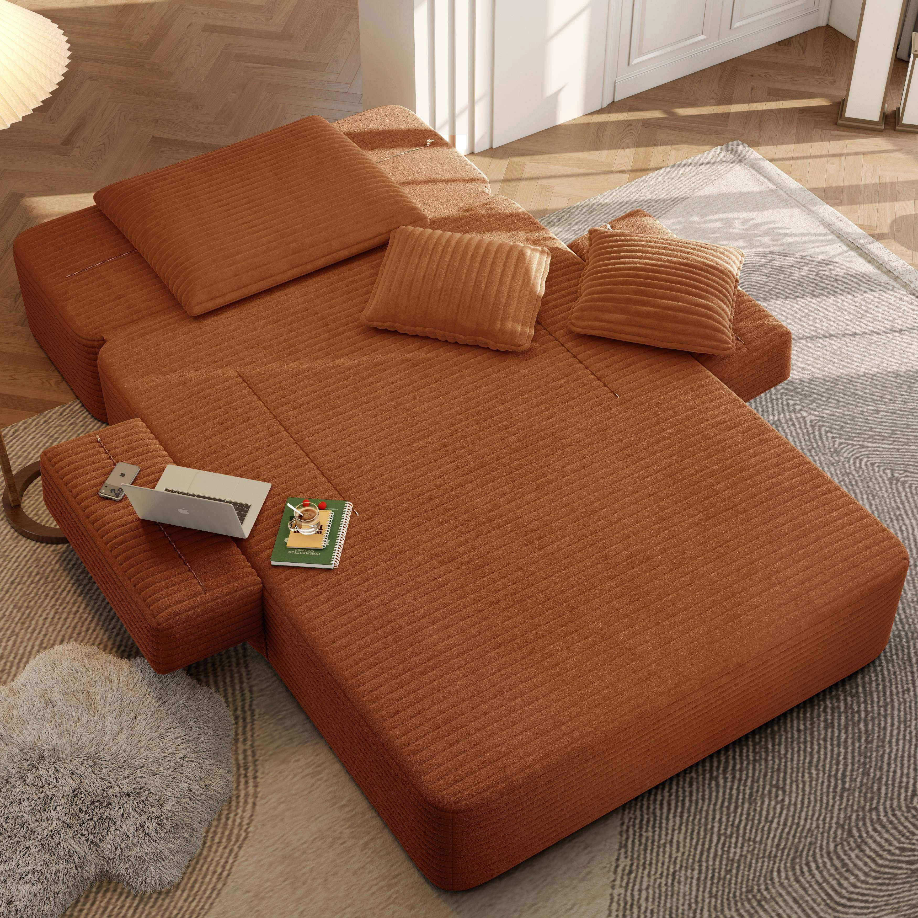 Alvantor Oversized Corduroy Convertible Chaise Lounge Sofa Bed, Orange