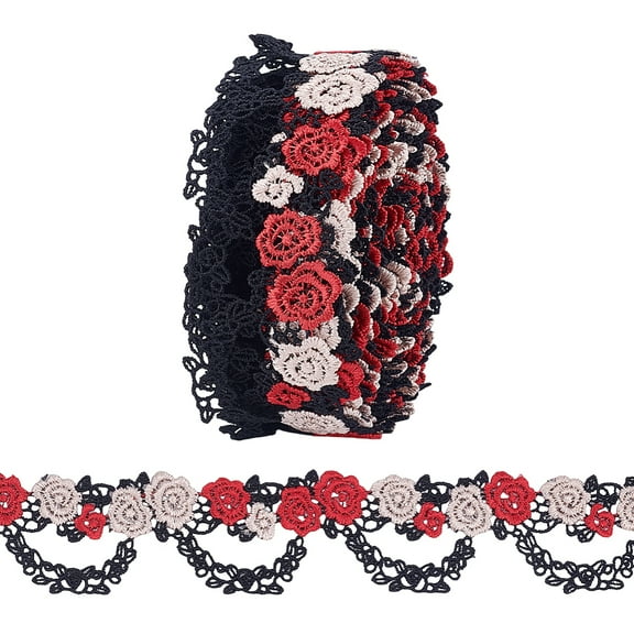 5 Yards Polyester Flower Embroidery Lace Ribbon Wave Edge Lace Trim Clothes Accessories Red 1-5/8 inch(40mm)