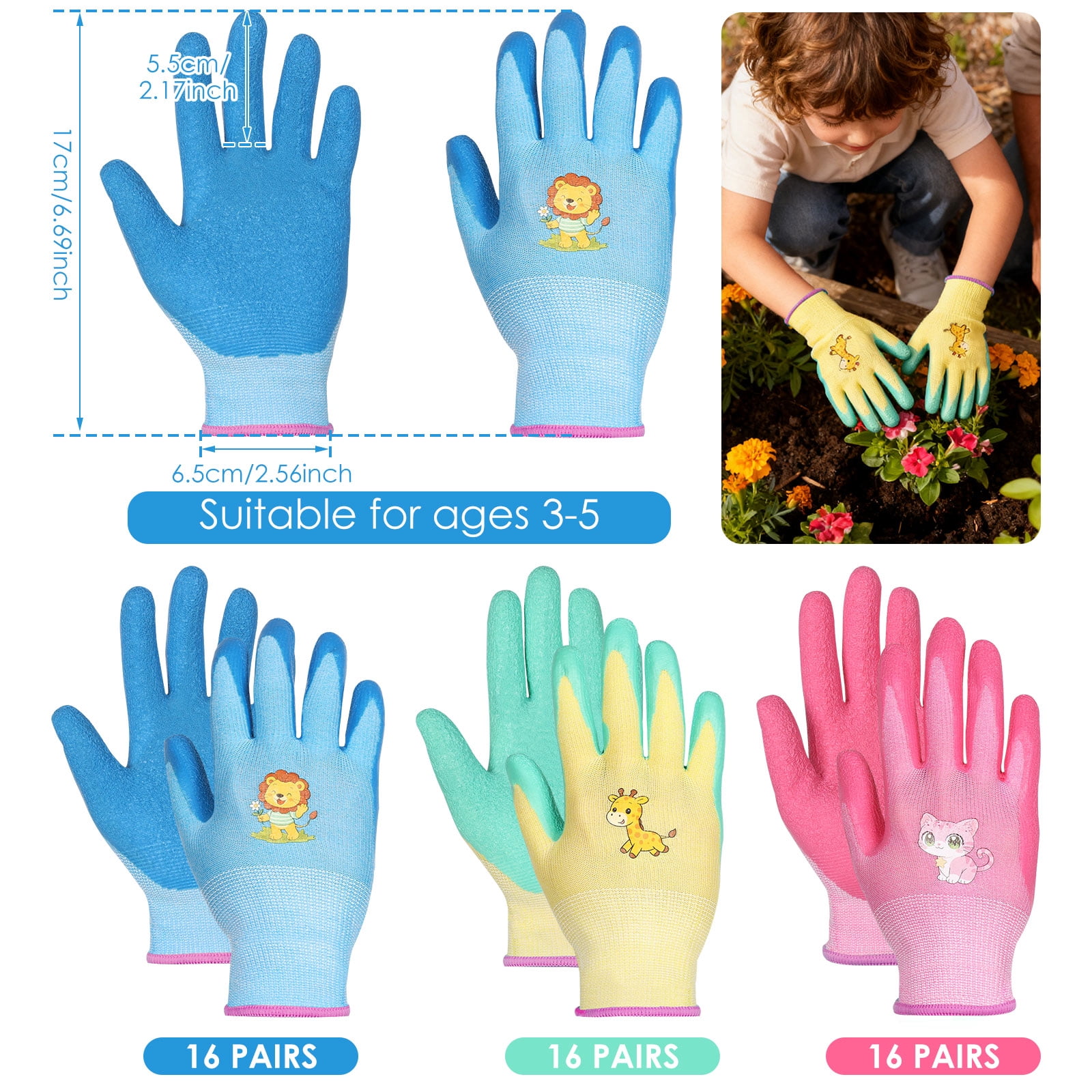 TMWEFUSC 48 Pairs Kids Gardening Gloves Non Slip Children Yard Work Glove Latex Coated Garden Hand Covers for Girls Boys Toddlers Outdoor, S(Suitable for Aged 3-5)