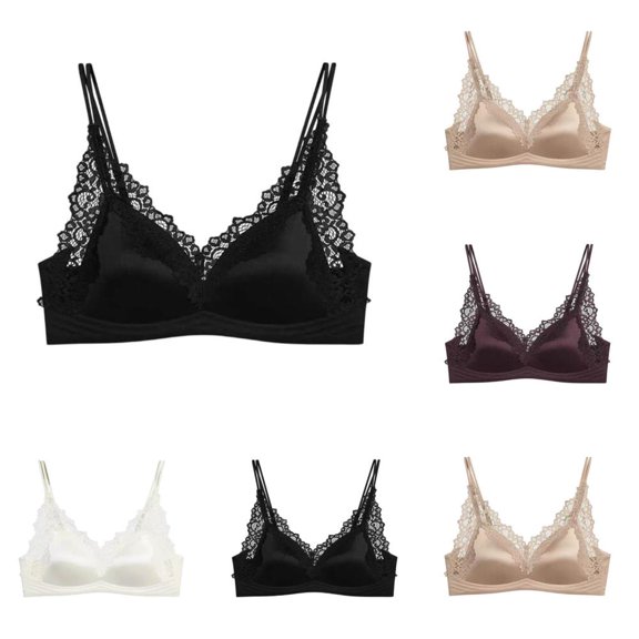 Bxsruta Wirefree Lace Bralette for Women Comfort Lightly Padded Wireless Bra Seamless Thin Straps V Neck