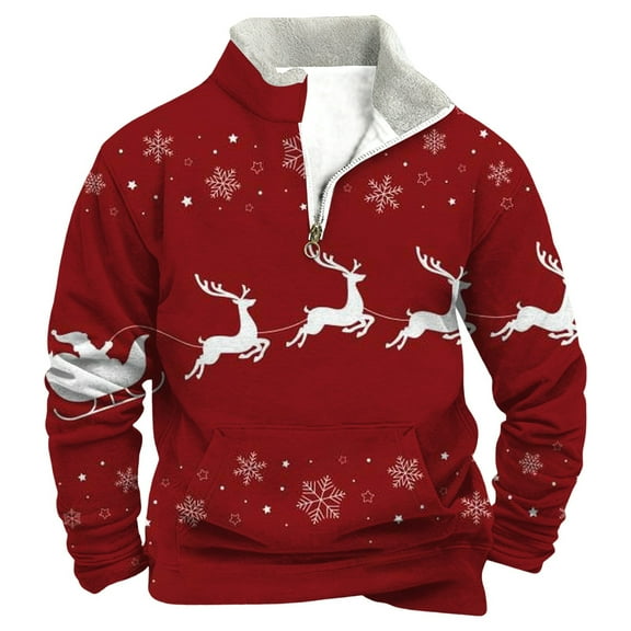 Adeawade Vintage Christmas Sweatshirt Men Half Zip Stand Collar Xmas Holiday Pullover Sweatshirt Long Sleeve Warm Lined Athletic Top For Winter Outdoor Sports Fashion Clothes Red 2Xl