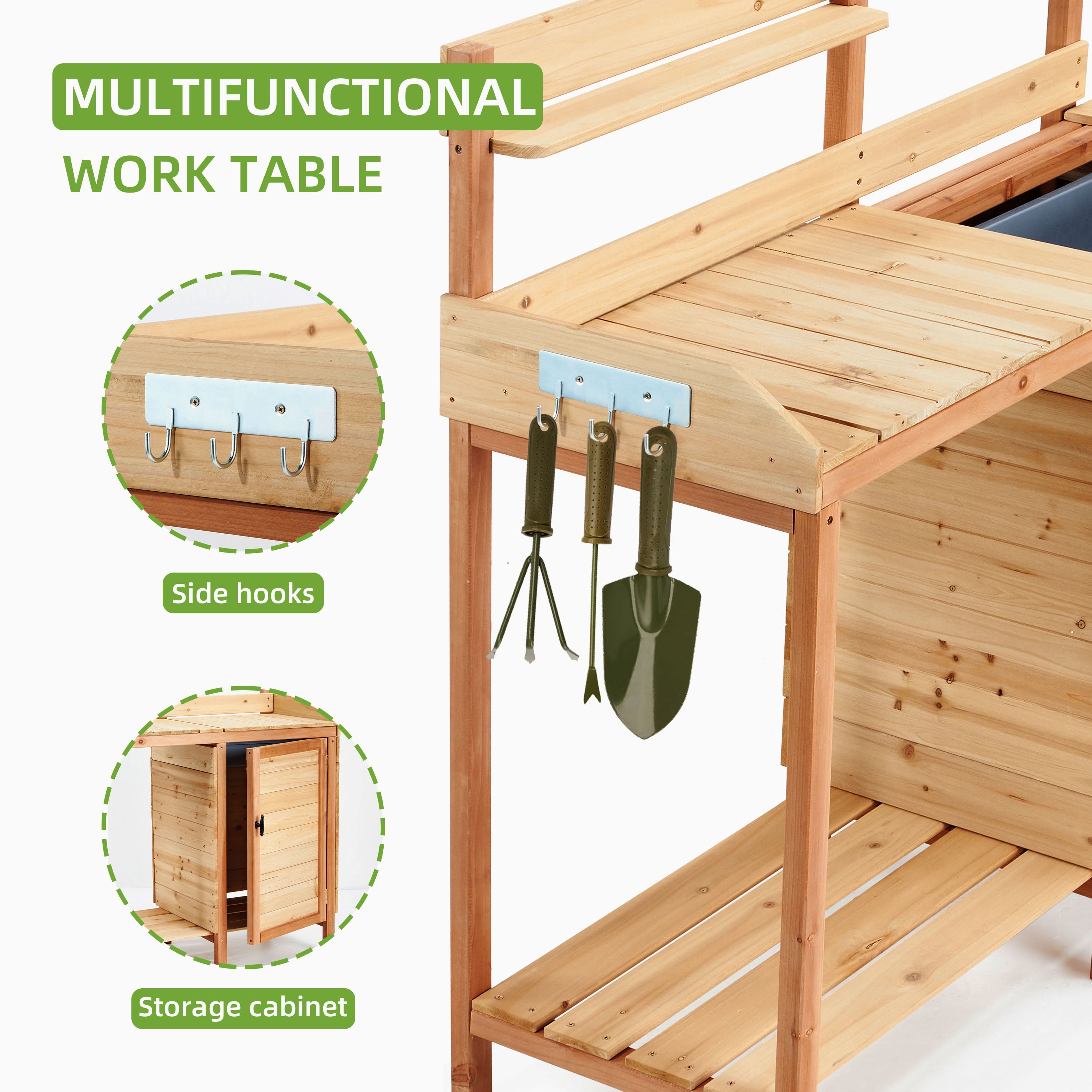 MAYEERTY Outdoor Wooden Potting Bench with Sink, Removable Tray & Side Hooks, Garden Workstation for Patio, Backyard