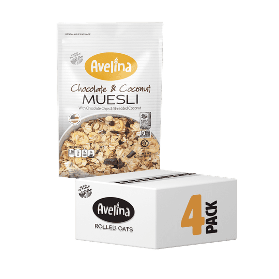 Avelina Muesli Chocolate & Coconut | 100% Gluten Free | Nutritious Blend of Whole Grains, Chocolate, and Coconut for a Healthy Breakfast or Snack, 4-Pack (12.3 oz Bags)