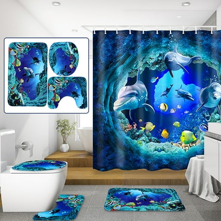 Multi-style Non-Slip Pedestal Rug + Lid Toilet Cover + Bath Mat Doormat 1/3/4PCs Bathroom Set OR Ocean Style Shower Curtain Waterproof with 10 Hooks Home Decor Christmas