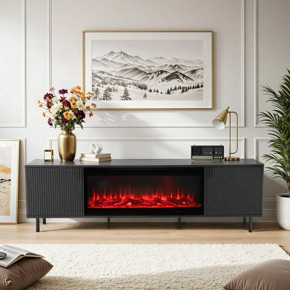 Erinnyees 70" Modern TV Stand with 36" Electric Fireplace, Fluted Design & Marble Top for TVs up to 80", Metal Leg Media Console, Black