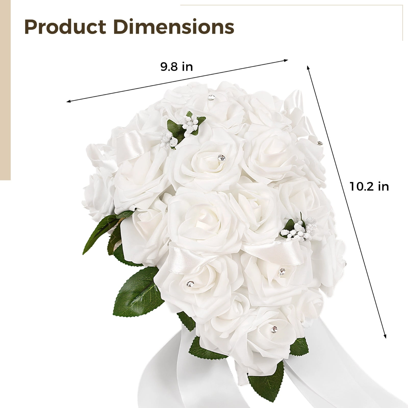 Elegant White Artificial Rose Bridal Bouquet - Luxury Faux Flower Arrangement for Weddings, Ceremonies & Bridal Showers - Stunning Foam Flowers with Rhinestones