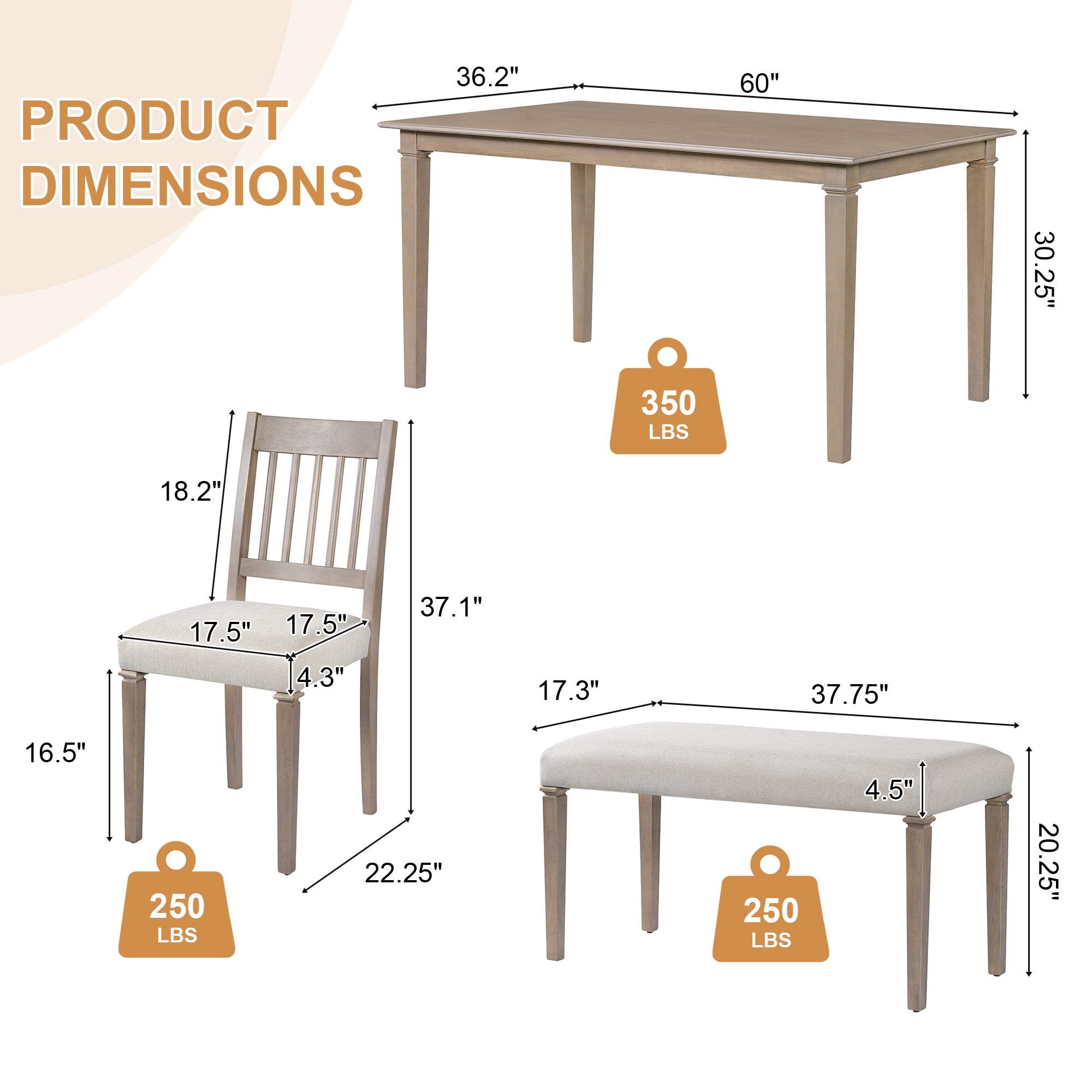 Euroco 6 Pieces Wood Dining Table Set with Bench,Retro Rectangular Table with 4 Upholstered Chairs & 1 Bench for Kitchen & Dining Room,Brown