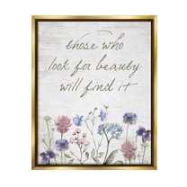 Stupell Industries Look For Beauty Inspiring Flower Blossom Calligraphy Graphic Art Metallic Gold Floating Framed Canvas Print Wall Art, Design by Lettered and Lined