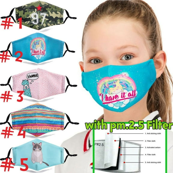 Youth Kids Face Mask with Filter Pocket Washable Reusable Mask Cat