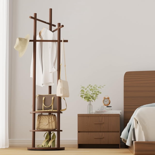 Perchero Giratorio, Perchero Para Ropa Independiente de Madera, Perchero Resistente con Estante de Almacenamiento y 3 Barras Transversales para Entrada, Oficina, Dormitorio, 40*40*171CM (Nogal)