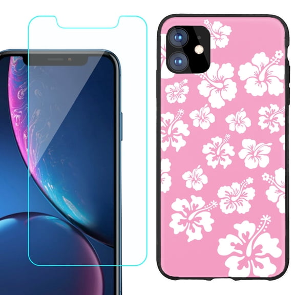 For Apple iPhone 11 Phone Case , Slim-Fit TPU Protective Case (Black), with Tempered Glass Screen Protector, by OneToughShield ® - Hibiscus Pink