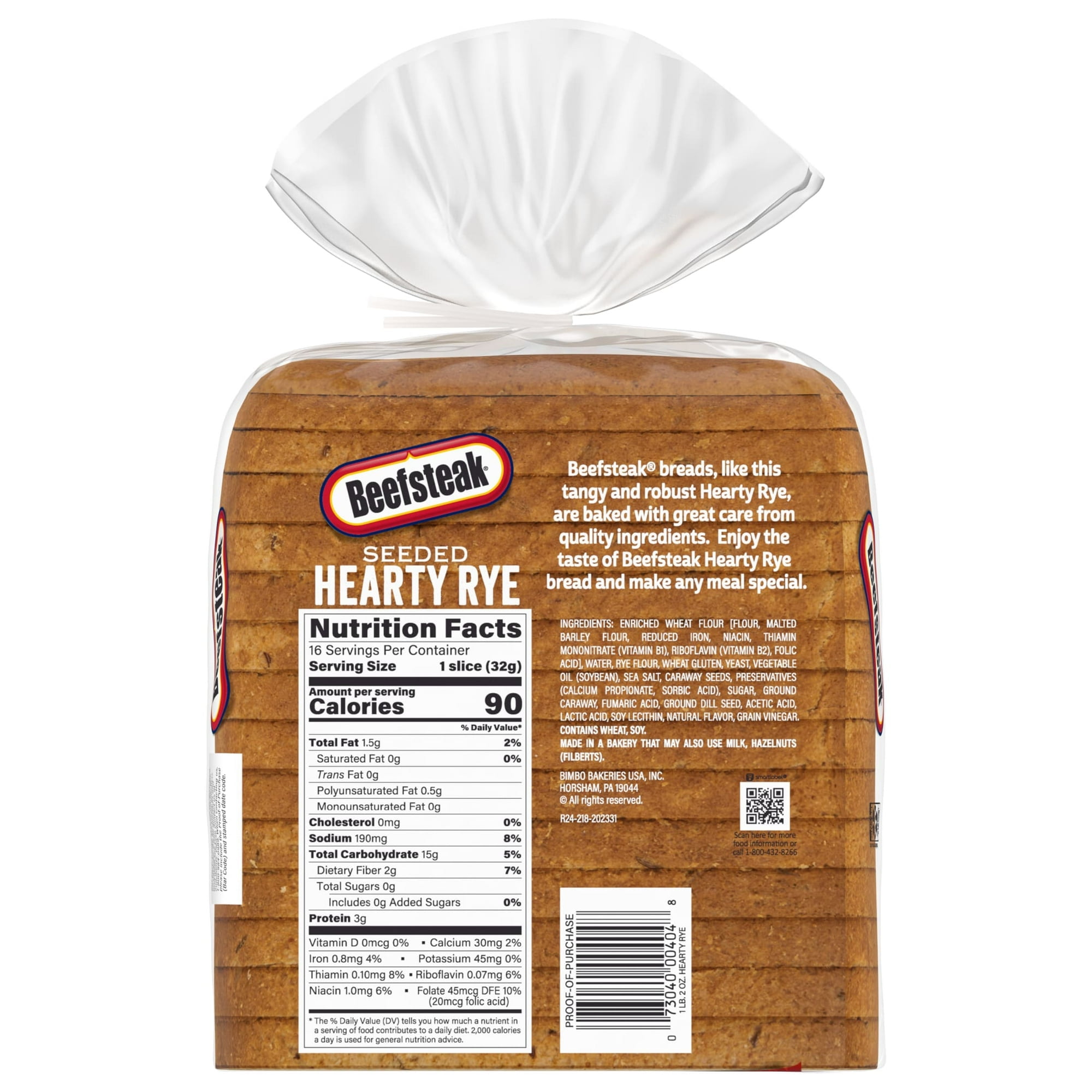 Beefsteak Seeded Hearty Rye Bread, 18 oz, Rye Bread, Bag