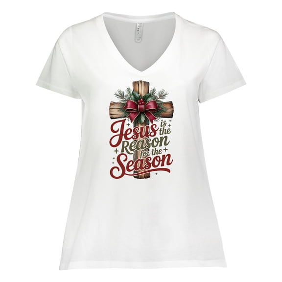 Inktastic Jesus is the Reason for the Season Christian Cross Women's Plus Size V-Neck T-Shirt