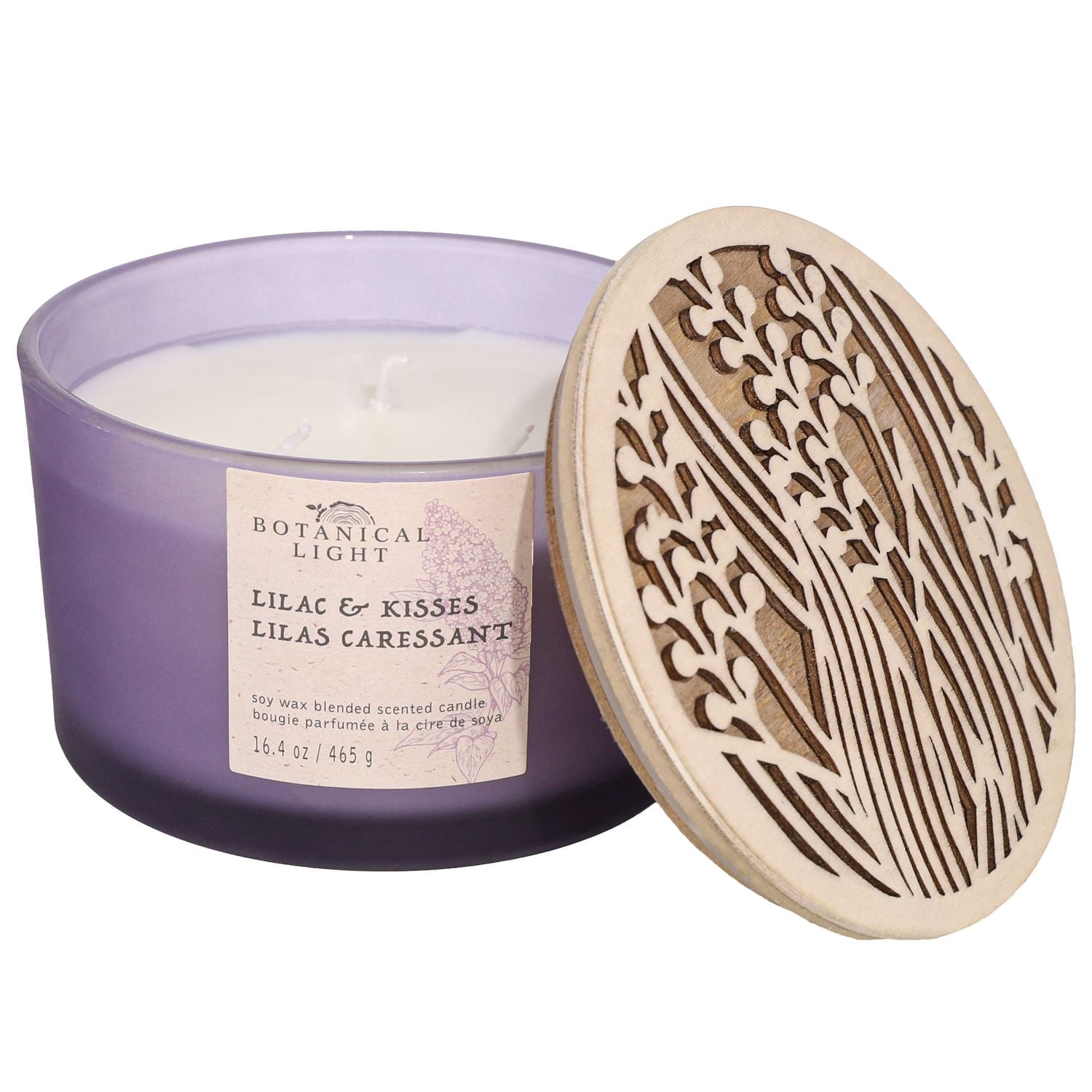 Botanical Light 16.4OZ Lilas et kisses Cire de soja Mélangé Bougie parfumée,3 mèche de coton