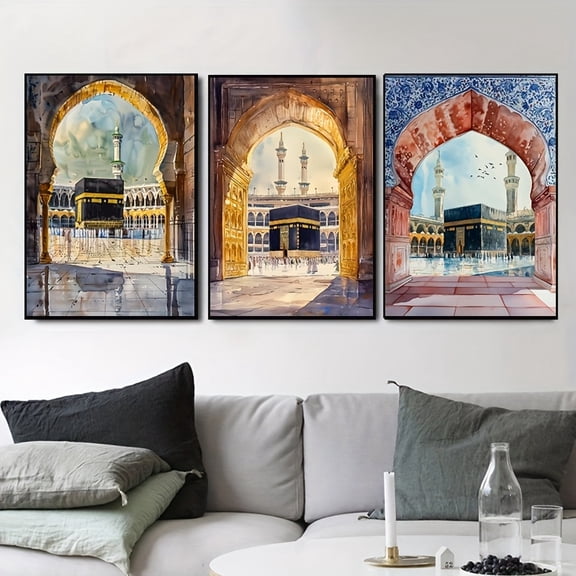 3pcs Abstract Islamic Arab Mosque Architecture Mecca Muslim poster Wall Art Prints canvas painting wall decor Bedroom Decor Living Room Gym Decor Home Decoration (No Frame