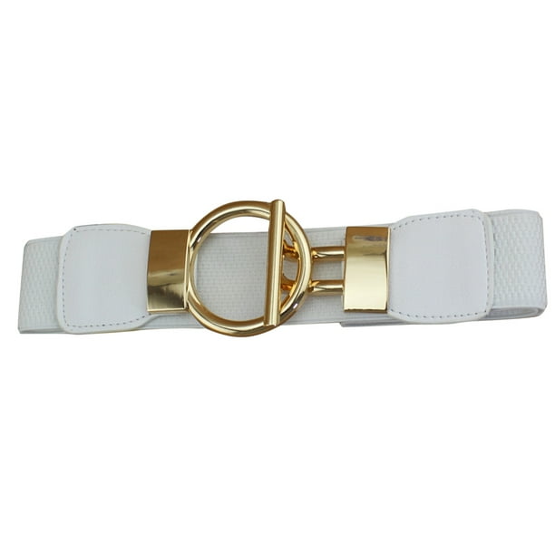 Cinturón elástico ancho para mujer, con hebilla redonda dorada, color blanco