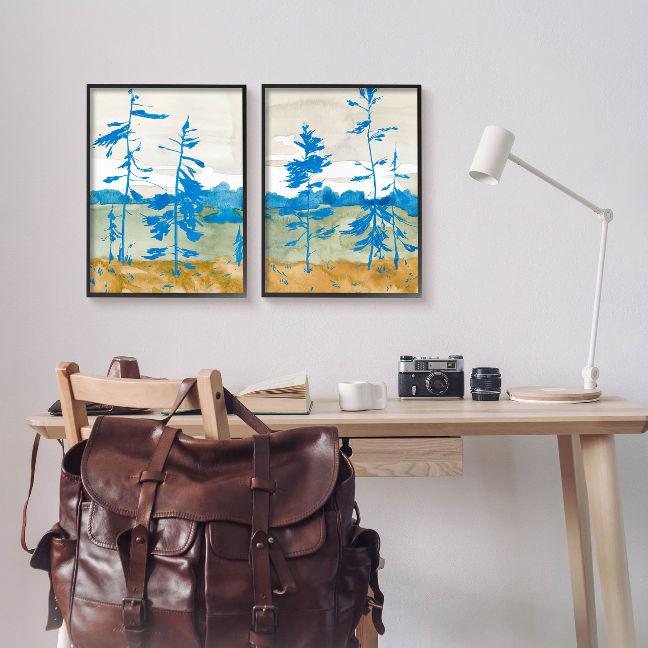 Stupell Industries Modern Blue Tree Scenery Painting Black Framed Art Print Wall Art, Set of 2, Design by Jacob Green