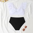 thumbnail image 5 of Women's Pleated Slim Fit V-Neck Color Block Ruffled Two-Piece Swimsuit White S, 5 of 8