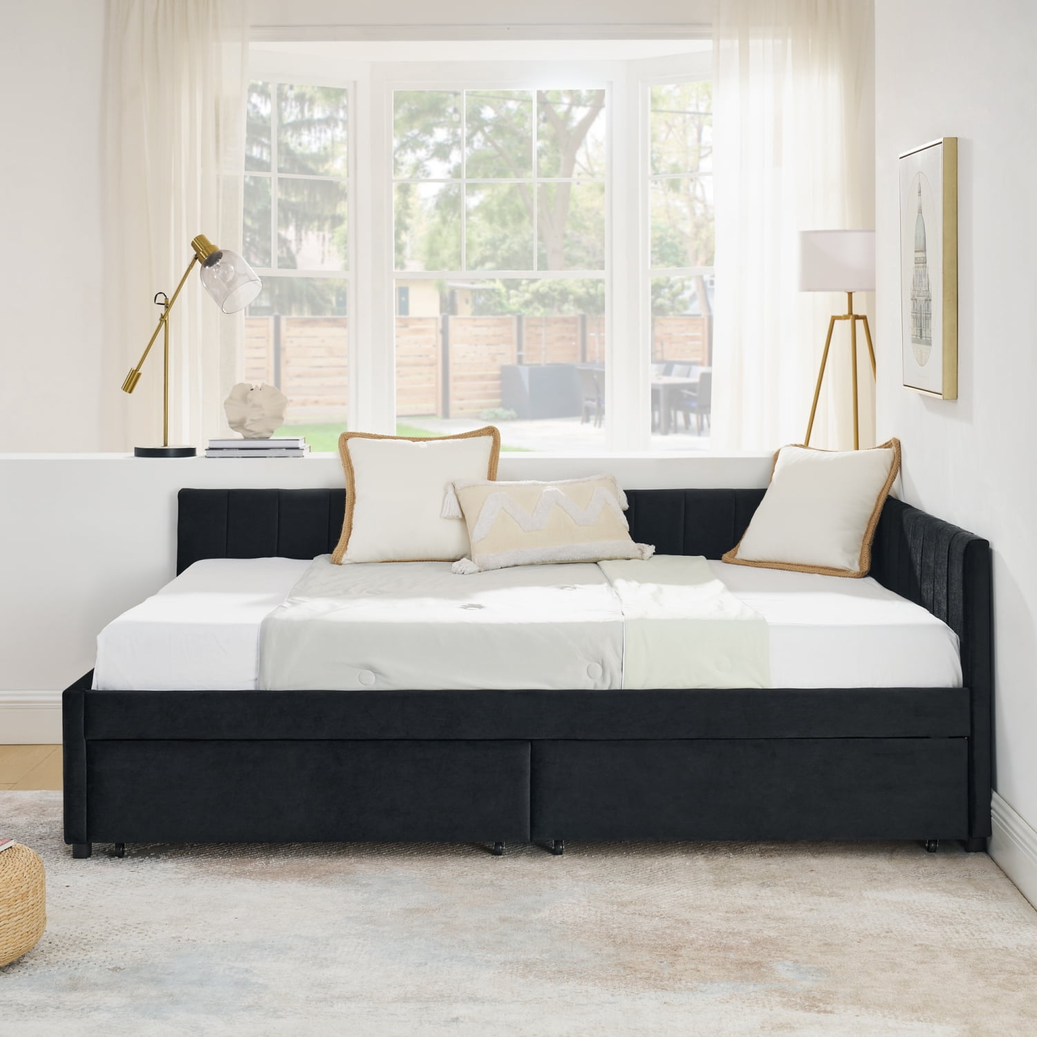 Leumius Full Size Corner Bed Frame with Storage Drawers,Modern Daybed with Velvet Upholstered Guardrail and L-Shaped Headboard for Living Room Guest Room,Black