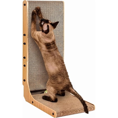 26.8 Inch Large Brown L-Shaped Cardboard Cat Scratcher | Vertical Board with Ball Toy | Ideal for Indoor Cats