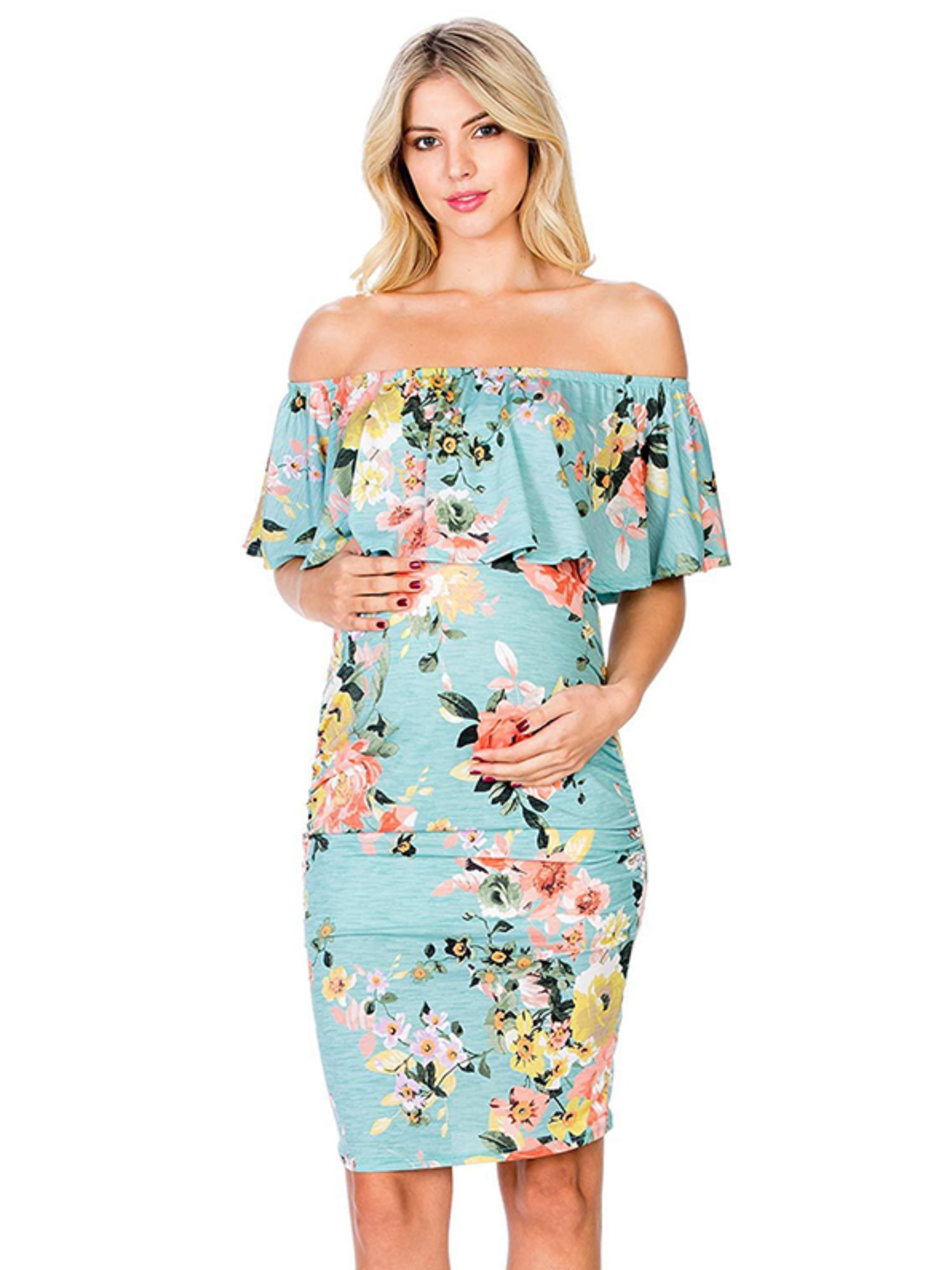Womens Off Shouder Blooming Babe Floral Dip Hem Party Evening Bodycon Midi Dress 