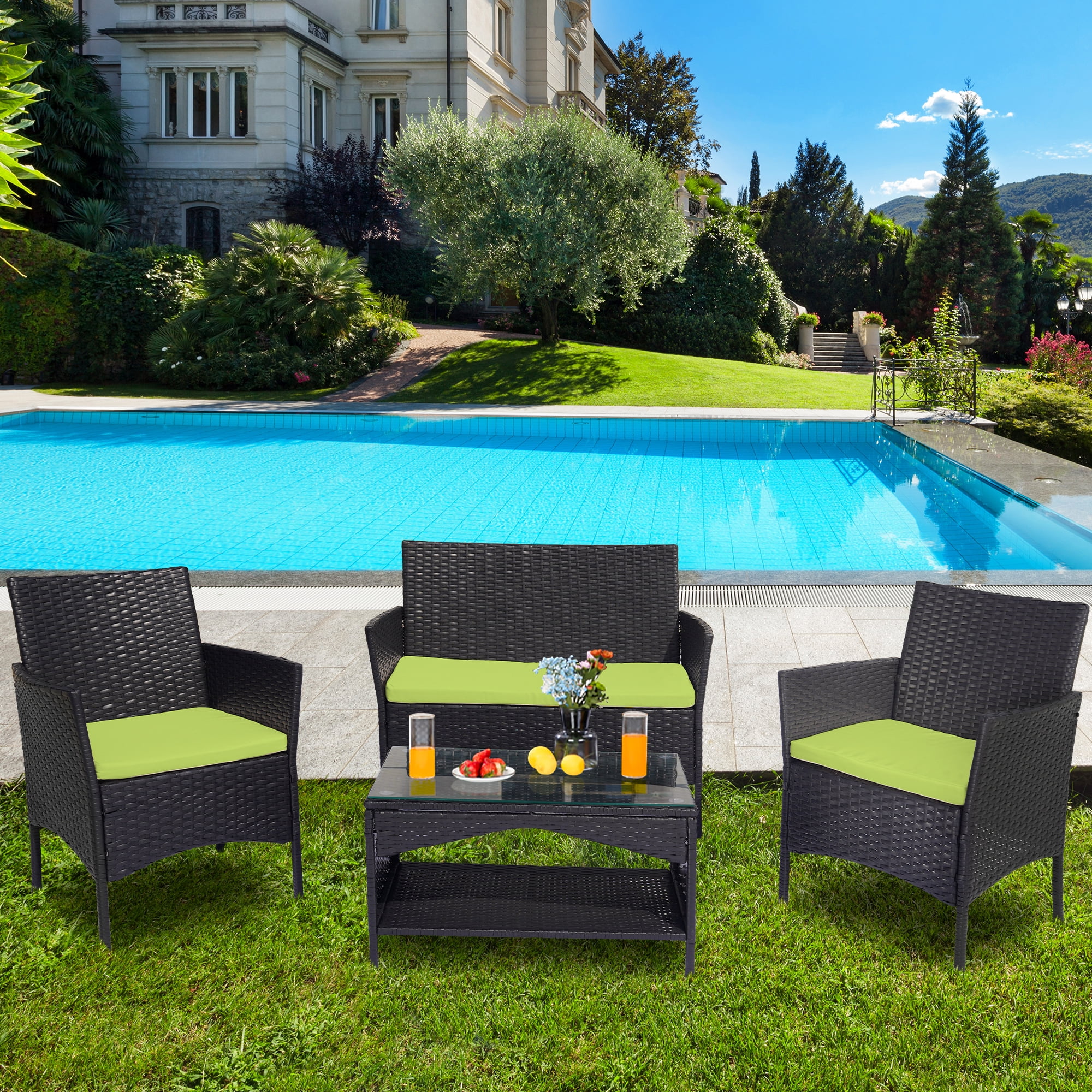 4 Piece Sectional Sofa Set, Patio Rattan Furniture Set with Coffee