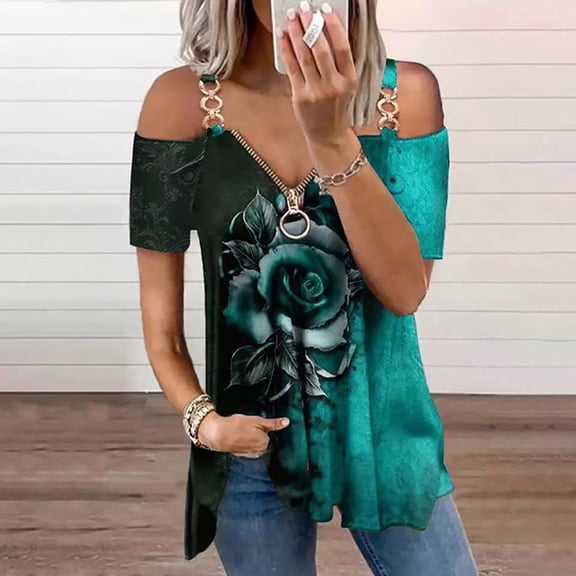Spring Tops for Women Womens Tops under $10 Women Pirnt V-Neck Short Sleeve Strapless T Shirt Polluver Blouse Tank Tops Gifts for Women