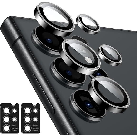 2 Pack Camera Lens Protector for Samsung Galaxy S24 Ultra (No for S24/S24 FE/S24 Plus) 9H Tempered Glass Metal Individual Ring Cover, Scratch Resistant, HD Clear, Black