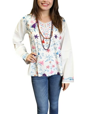 Mogul Women's Cotton White Tunic Blouse Floral Embroidered Long Sleeves Top S