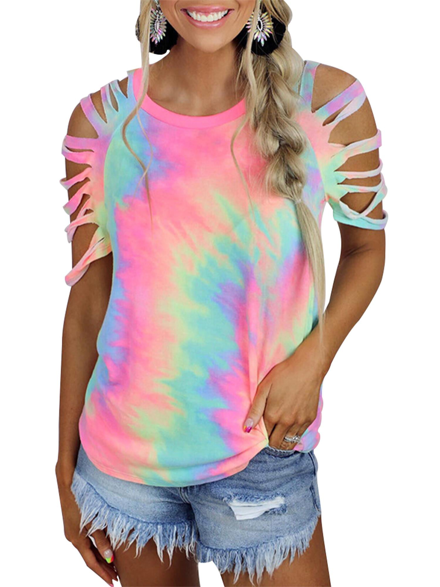 Summer Short Sleeve Cold Shoulder Tunic Tops Love You Letter Printing Tie Dye Shirt Moms Gift Hollow Out Tops 