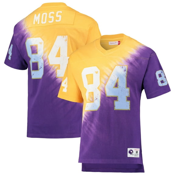 Men's Mitchell & Ness Randy Moss Gold/Purple Minnesota Vikings Retired Player Name & Number Diagonal Tie-Dye V-Neck