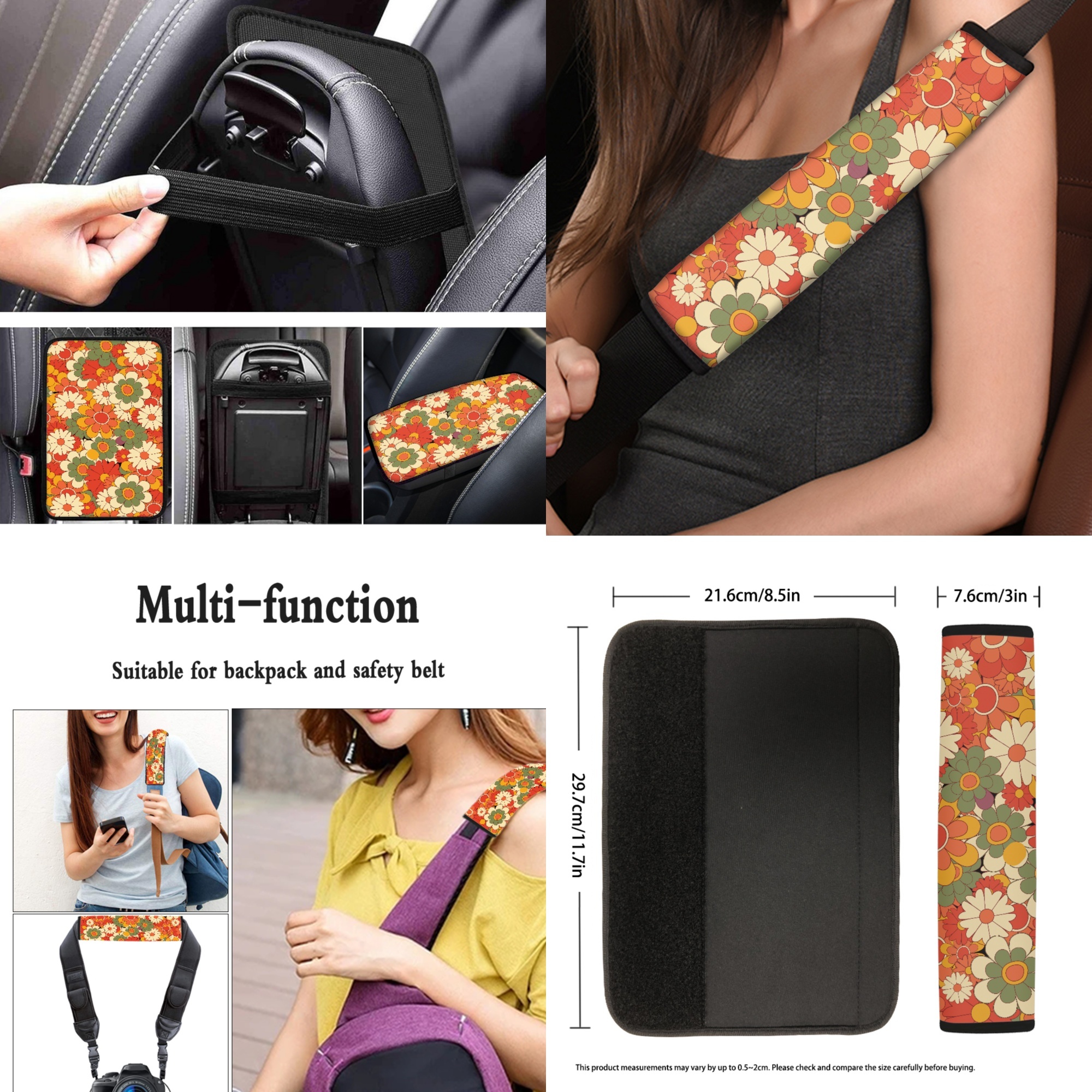 Jeiento Abstract Hippie Flower 13 PCS Car Seat Cover Set, with Steering Wheel Seat Belt Covers Center Console Pad Coasters Keychain Lipstick Holder Auto Interior Accessories Full Set for Women