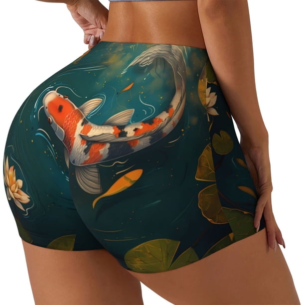 Balery Koi Pond Lilies Pantalones cortos de entrenamiento estampados para mujer, sin costuras, ajustados, para gimnasio, yoga, correr, deportes, ejercicio activo, fitness.-Small