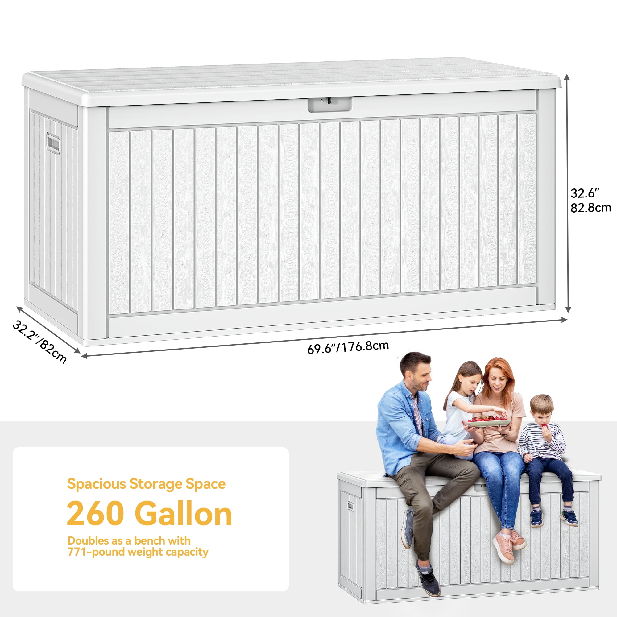 Dextrus 260 Gallon Resin Deck Box, Waterproof Outdoor Storage Box with Divider, Lockable, White
