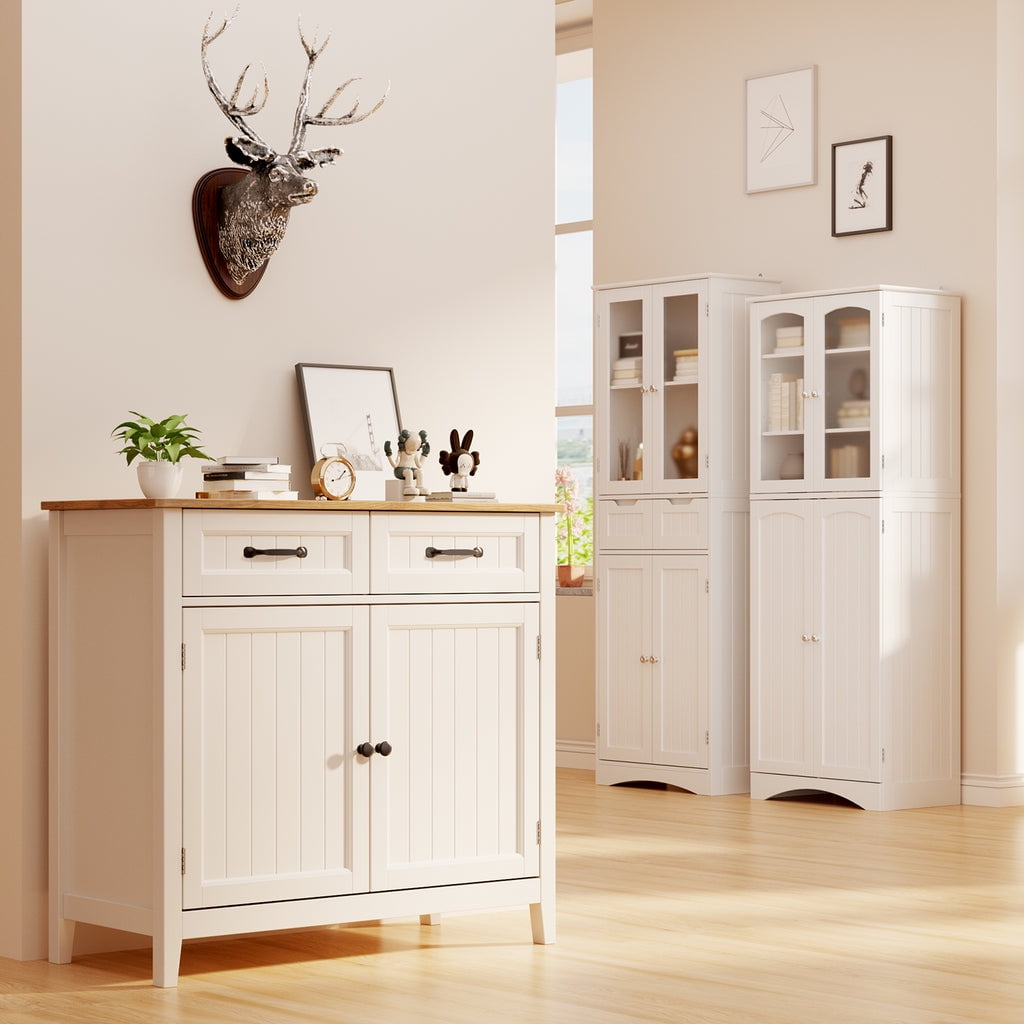 Coffee Bar Cabinet, Aiho 35" Farmhouse Kitchen Pantry Storage Cabinet, 2 Drawers, Adjustable Shelf - White+Retro
