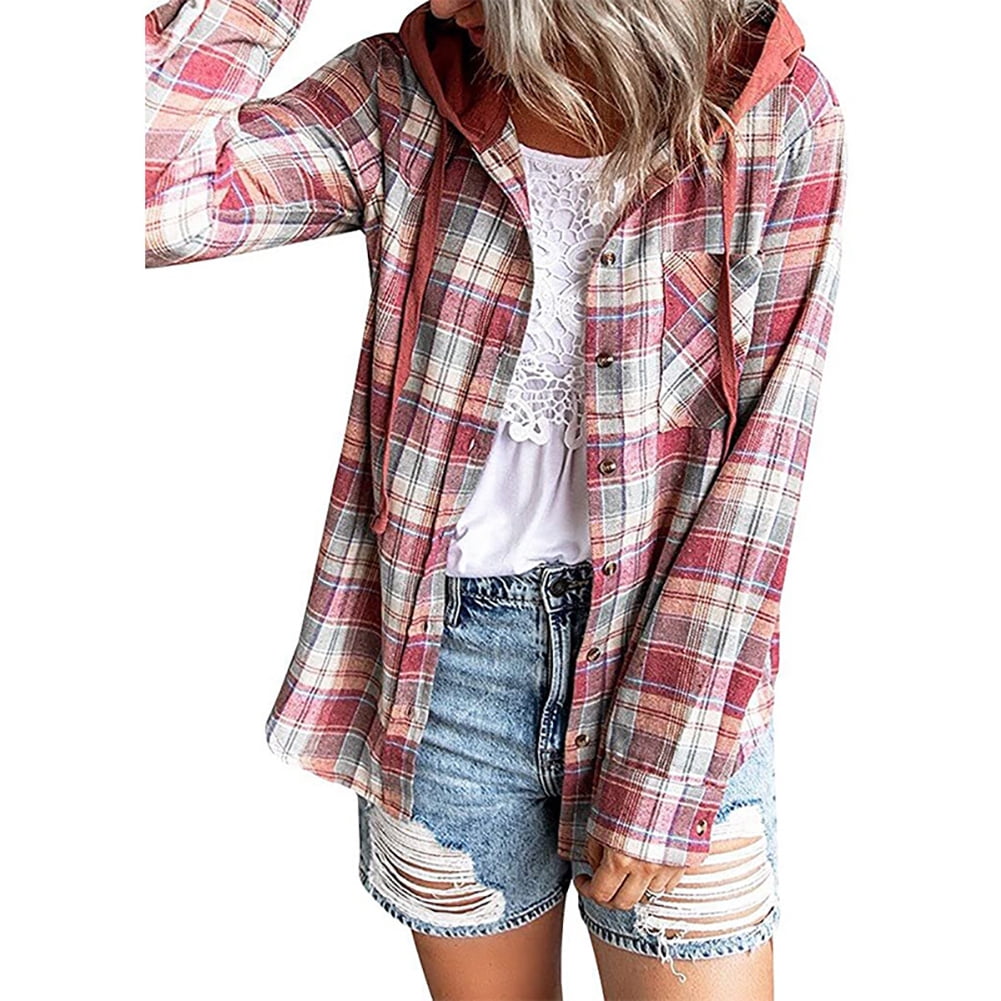 Clearance!Women Plaid Hoodie Jacket 