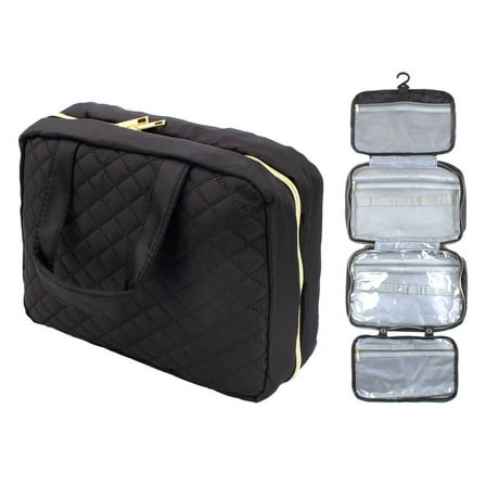 JAYWAYNE Hanging Travel Toiletry Bag for Women with Leakproof Compartment, Diamond Quilted Makeup Cosmetic Organizer Bag, Foldable Dopp Kit Travel Accessories Essentials (Black)​