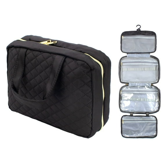 JAYWAYNE Hanging Travel Toiletry Bag for Women with Leakproof Compartment, Diamond Quilted Makeup Cosmetic Organizer Bag, Foldable Dopp Kit Travel Accessories Essentials (Black)​