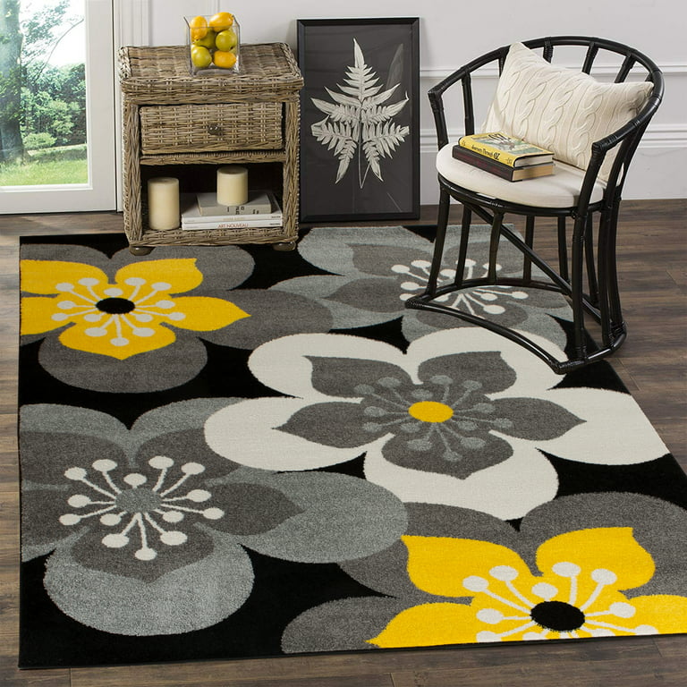 Oxford Collection Rugs -Yellow, Black, Grey, White, Modern Floral