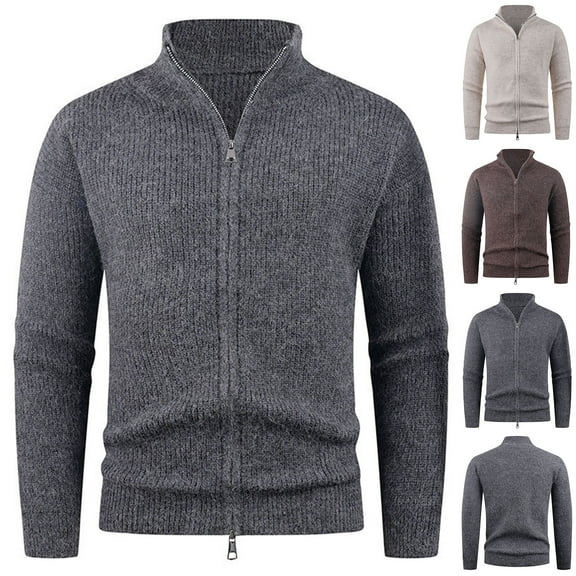 Miluxas Mens Full Zip Cardigan Sweater Casual Waffle Stand Collar Knitted Winter Chunky Sweaters Dark Gray M(M)