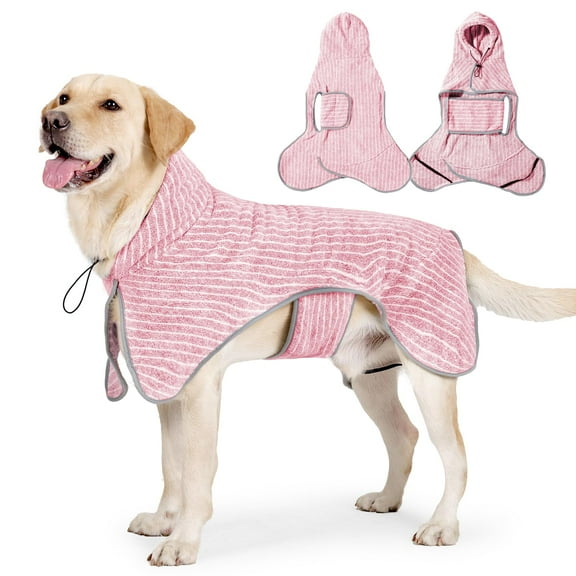 Large Dog Bath Robe,Stripes Dog Bathrobe Hooded,Dog Drying Coat Gown Towel Robe,Microfiber Fast Drying Absorbent Hooded Bath for Medium Large Dogs Pink M