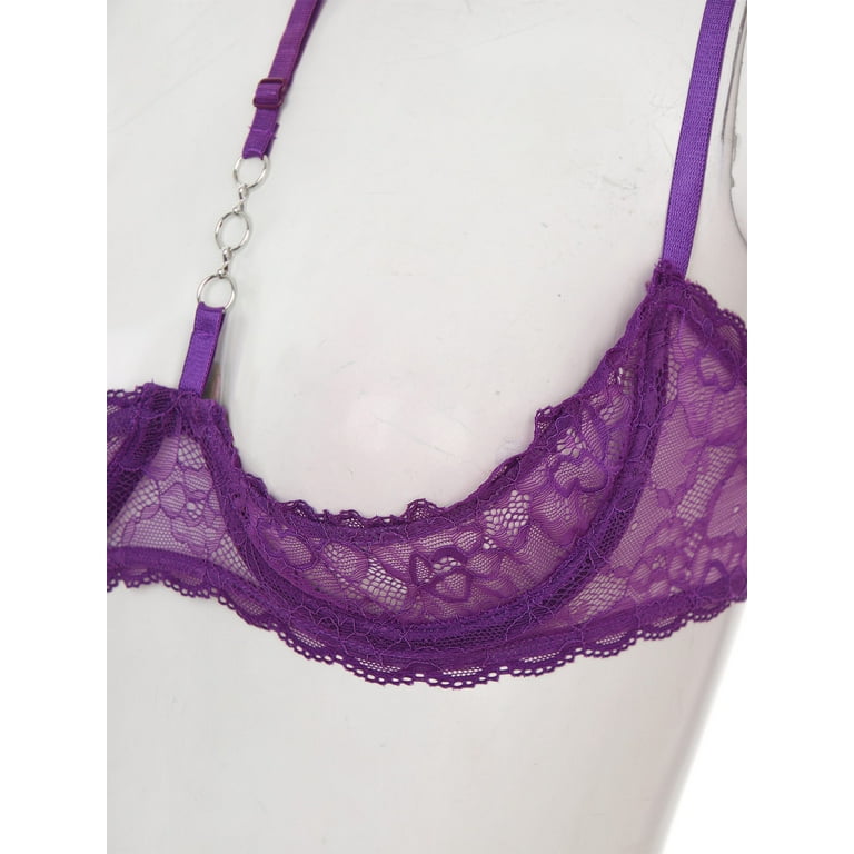 YONGHS Womens Sheer Lace Lingerie 1/4 Cups Bare Exposed Breast Underwire  Halter Neck Push Up Bra Top Purple 4XL