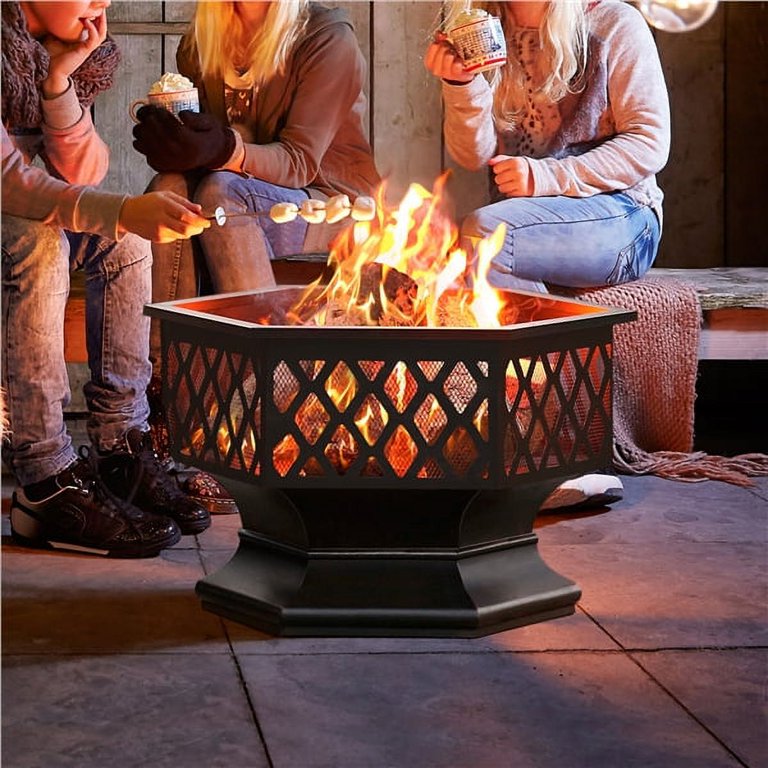 Easyfashion Heavy Duty Metal Fire Pit Hexagon Stove with Poker for Outdoor,  Black - Walmart.com