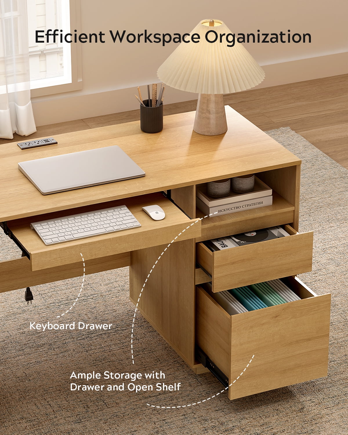 EYYTHUNG 59" Executive Desk, Farmhouse Large Home Office Desk with File Drawer & Outlet & Storage Cabinet, Wood Computer Desks with Keyboard Tray, Natural Oak