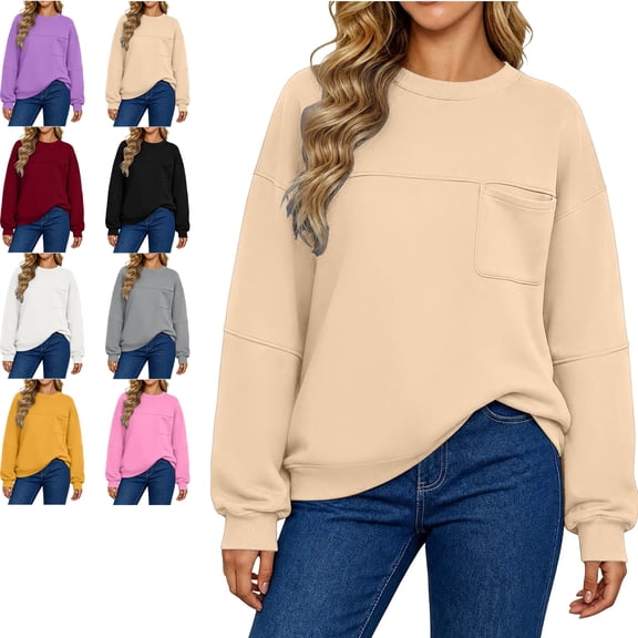MLCDZ Women Oversized Sweatshirts Crew Neck Long Sleeves Tops Fall Fleece Comfy Comfort Athletic Work Out Gym Travel Airport Back To School Pullover