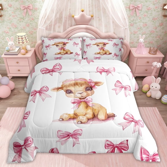 Erosebridal Cute Deer Bedding Sets Twinwith Comforter, Kawaii Animal Duvet Insert, Princess Style Decor, Reversible 2-Piece