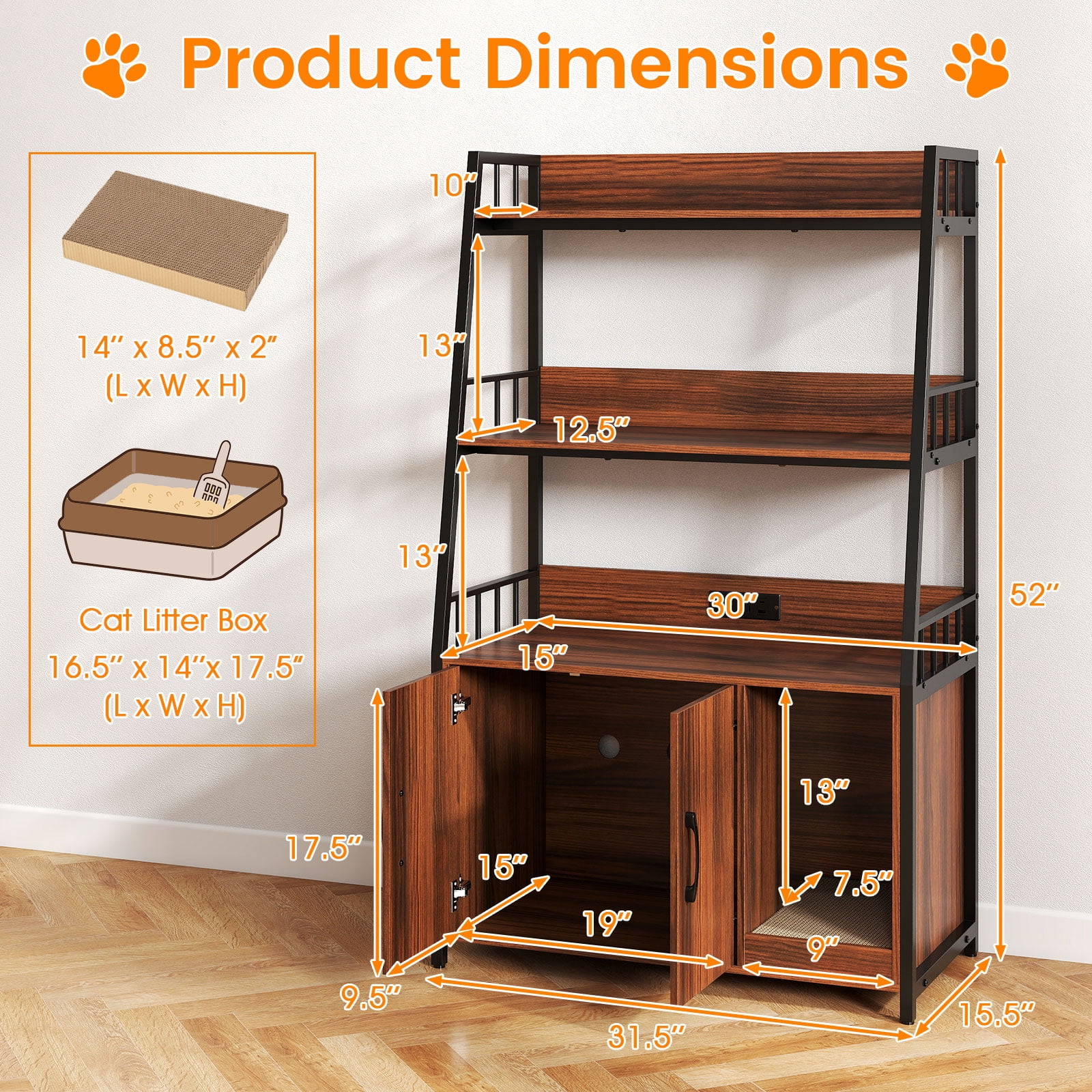 Costway Cat Litter Box Enclosure with Storage Shelves with Scratching Pad, Charging Station