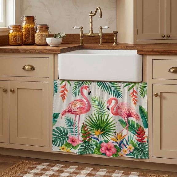 Pink Flamingos Small Cabinet Curtains 11"W x 13"L, Summer Botanical Watercolor Floral Leaves Sink Skirt Dust-Proof Short Curtain for Bathroom Vanity Storage Cubby Desk, Self Adhesive Privacy Drapes
